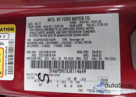 2018 Ford Fusion Se z USA, uszkodzony, nr VIN 3FA6P0H7XJR114649
